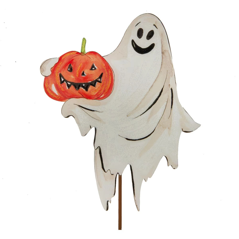 Friendly white Halloween ghost yard stake holding a smiling carved orange jack o lantern.