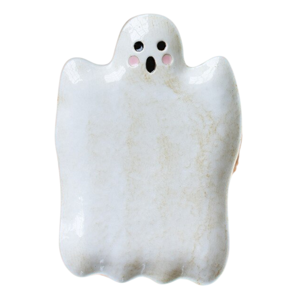 Ghost-shaped white ceramic serving platter with a cute face and pink cheeks.