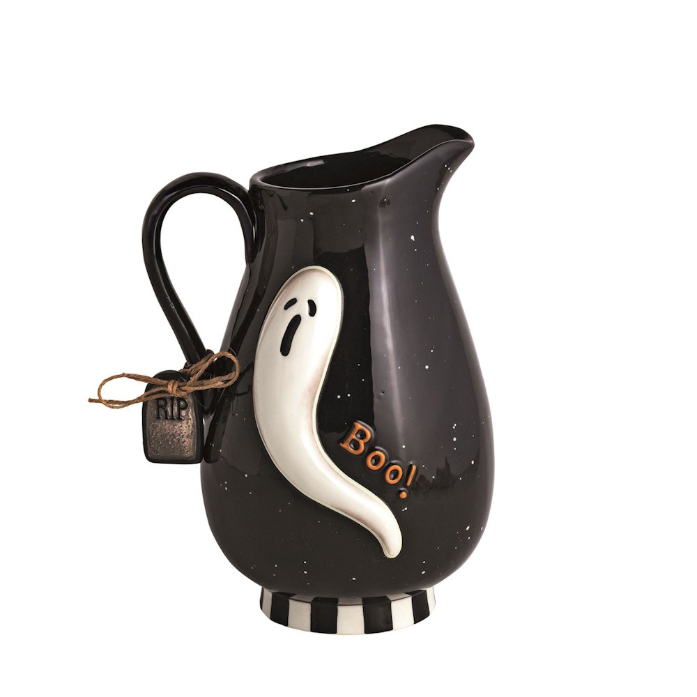 Black Halloween ghost pitcher with a "Boo!" design and RIP tag.