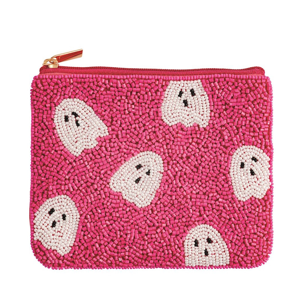 Pink beaded Halloween pouch with white ghost patterns.