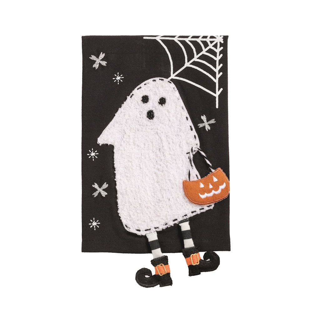 Black Halloween towel with a white ghost holding a pumpkin bag and dangling striped legs.