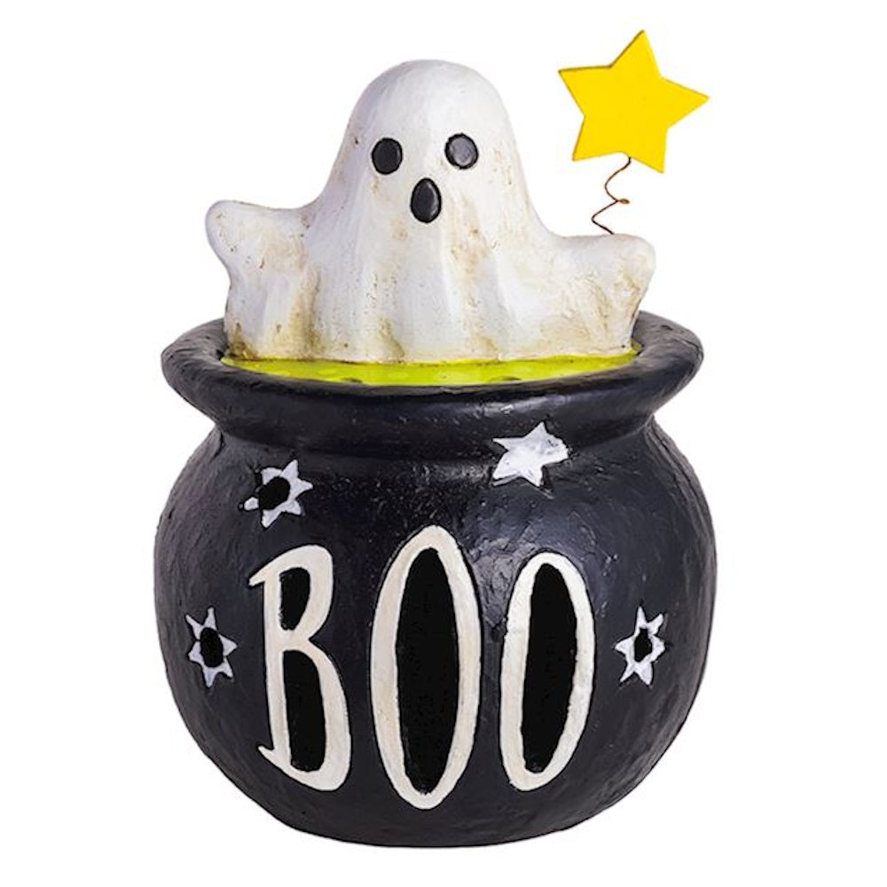 Paper-mache Halloween ghost figurine popping out of a black cauldron decoration with BOO text.