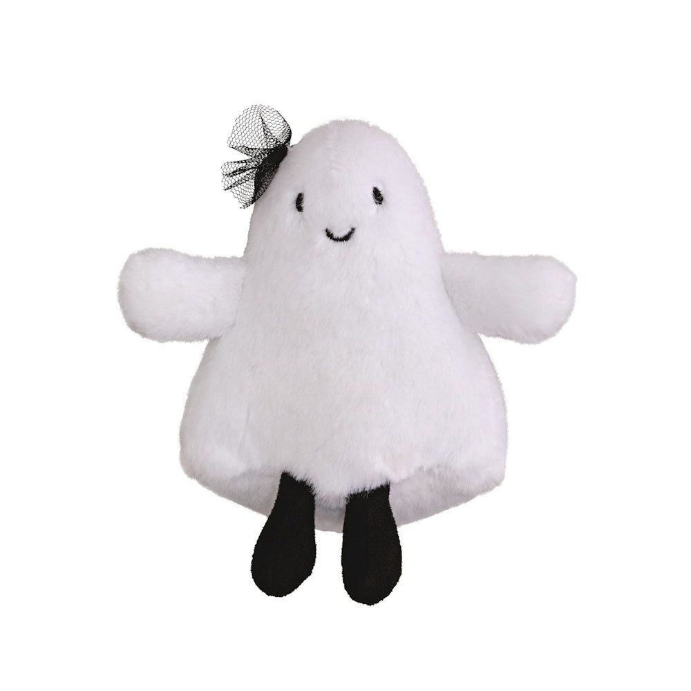 Friendly white plush ghost toy with a black tulle bow, smiling face, and dangling black legs.