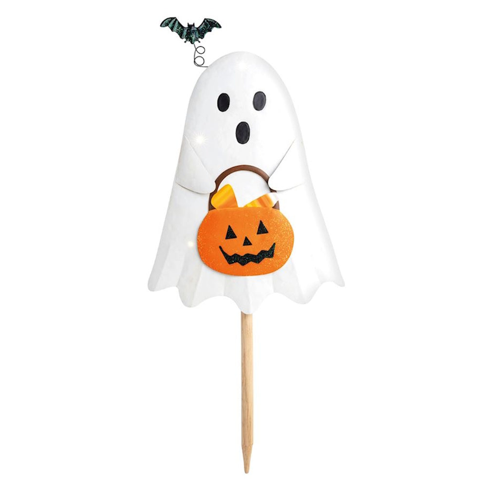 Friendly white ghost Halloween yard stake holding a pumpkin jack-o'-lantern bucket with candy corn.