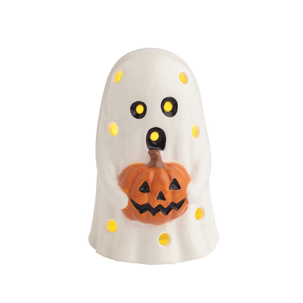 Light-up ceramic Halloween ghost figurine holding a small jack-o'-lantern pumpkin decoration.