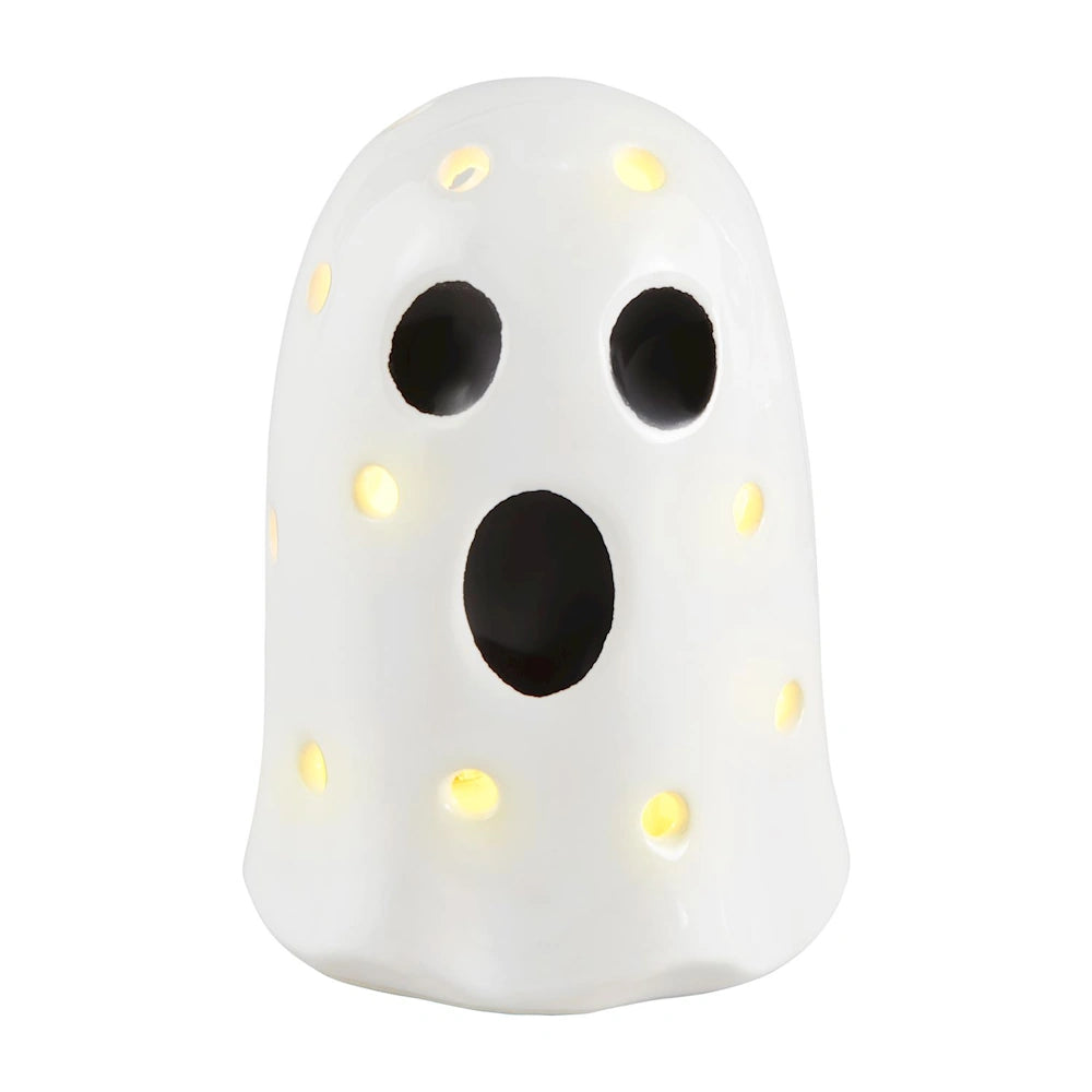 Ceramic ghost light-up sitter with glowing cutouts and a spooky expression for Halloween decor.