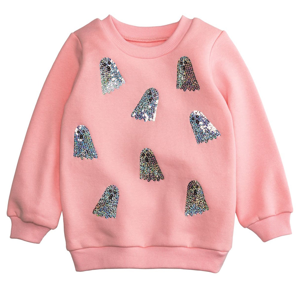 A pink toddler sweatshirt decorated with several small, sparkly, holographic glitter ghosts.
