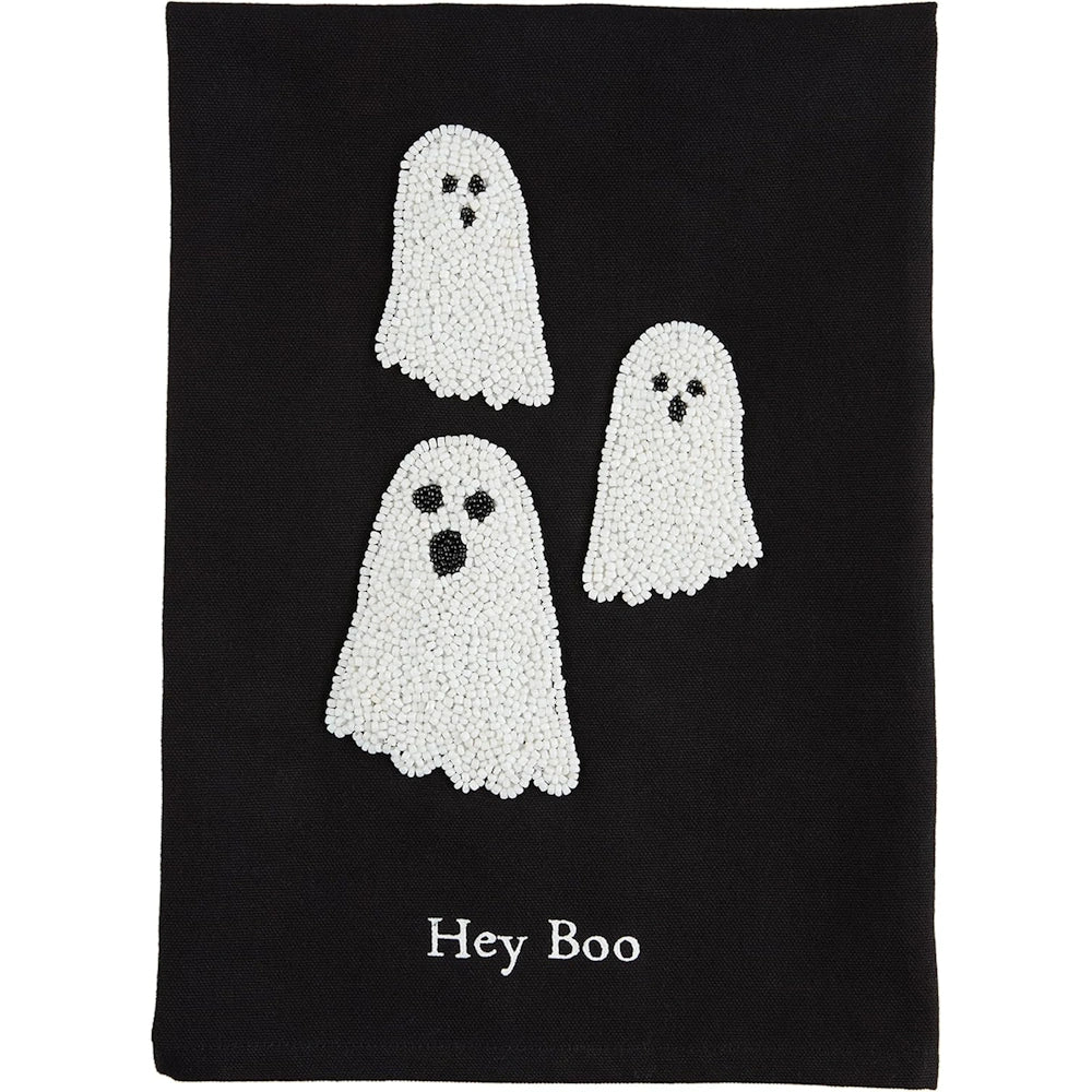 Black Halloween towel featuring three white beaded ghosts and the words Hey Boo on a black background.