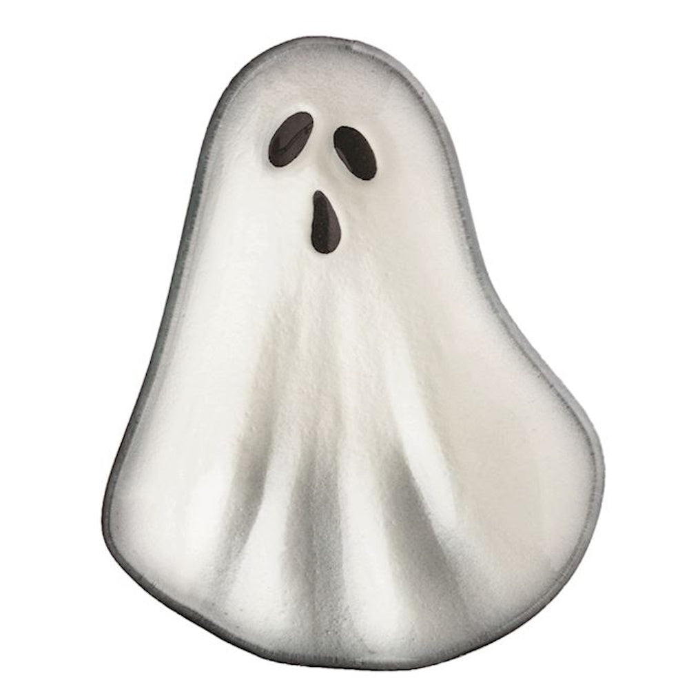 Ghost-shaped white ceramic Halloween tidbit plate on a white background.