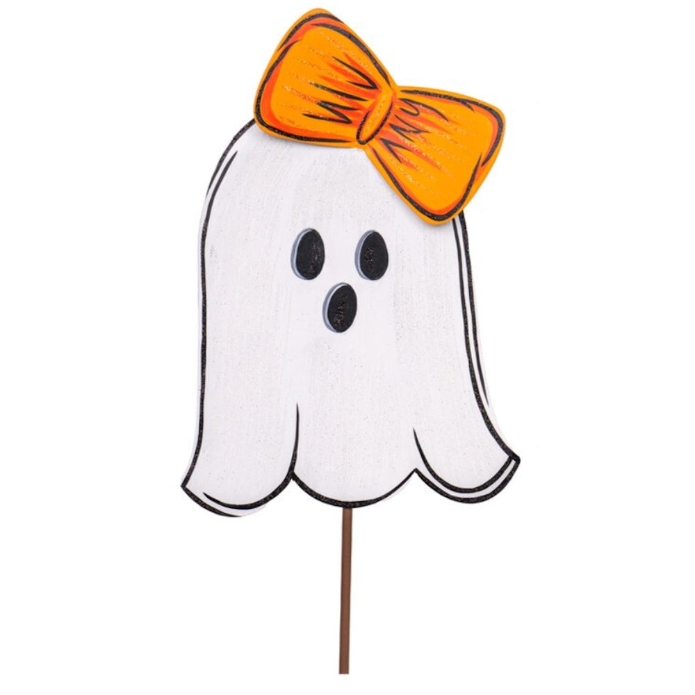 Friendly white Halloween ghost yard stake with a large textured orange bow.