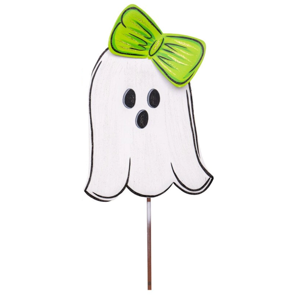 Friendly white Halloween ghost yard stake with a large textured green bow.
