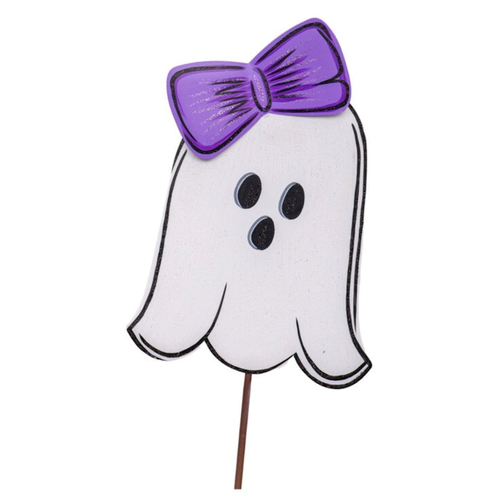 Friendly white Halloween ghost yard stake with a large textured purple bow.