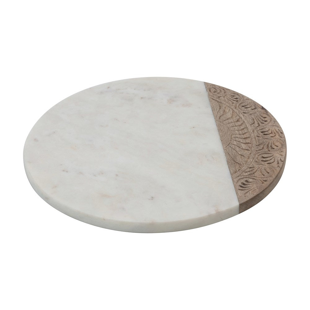 Hand-Carved Mango Wood & Marble Serving Board with Engraved Design, White & Natural- Circular — alternate view 2