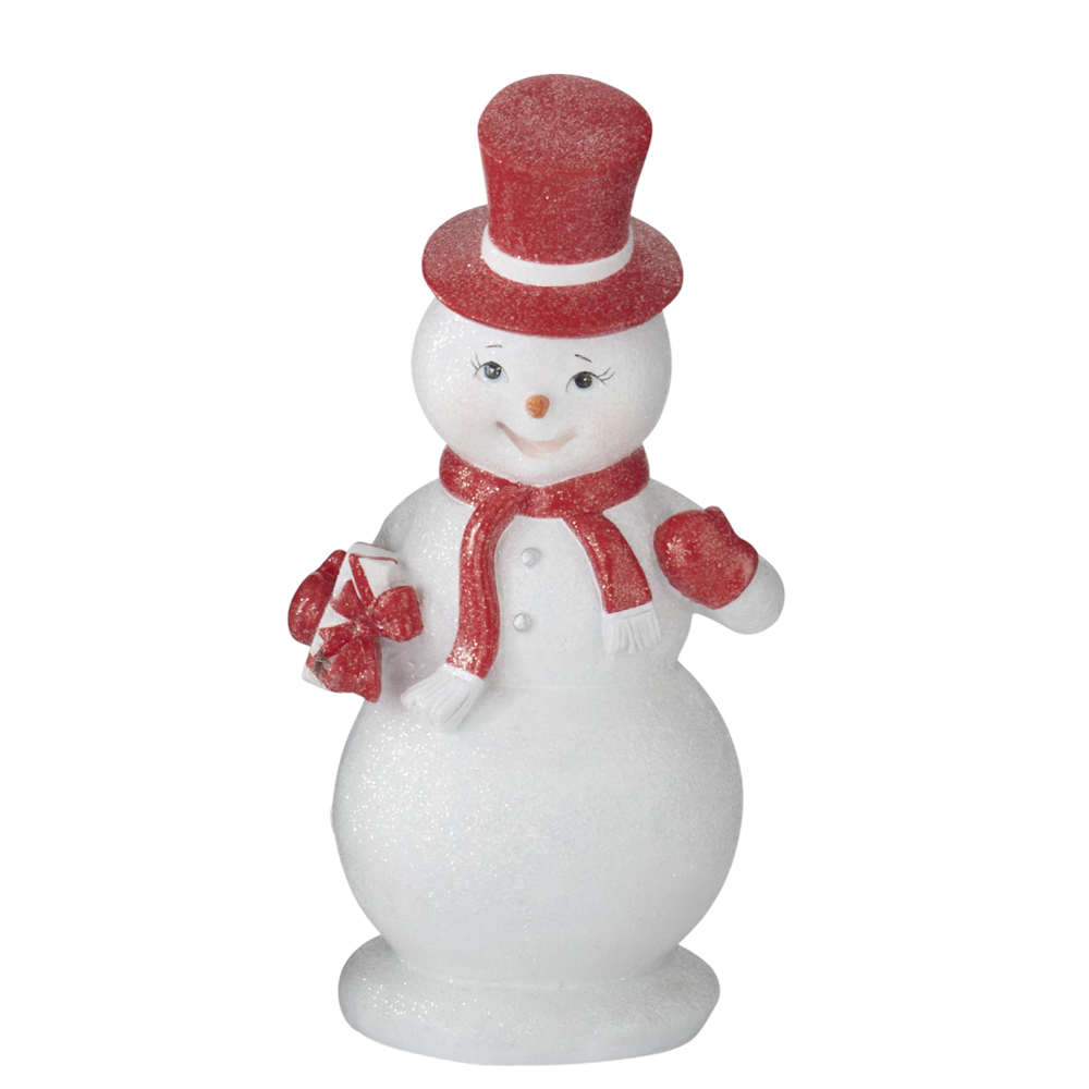 Front view of a white glittered resin snowman wearing a red top hat and scarf and holding a gift.