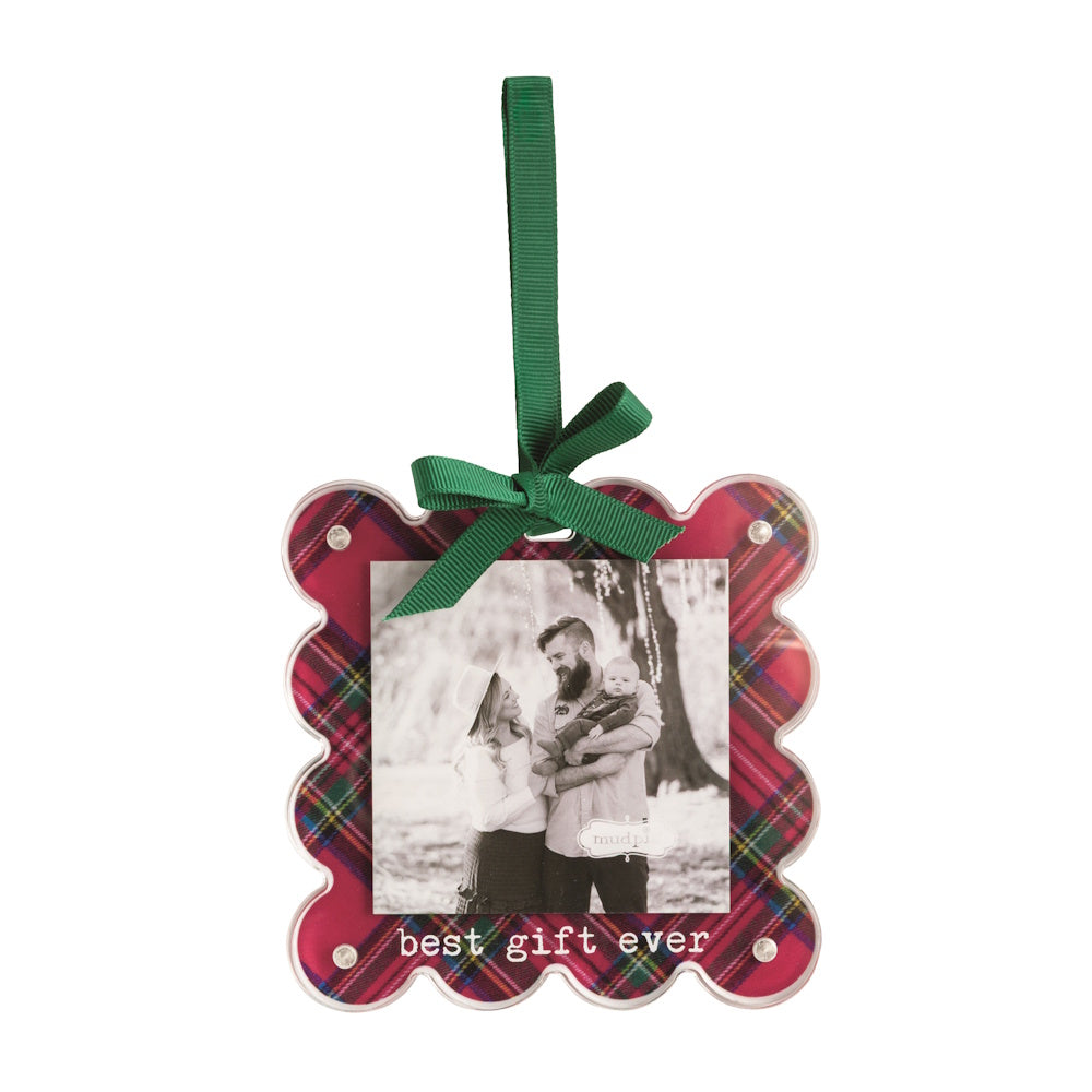 Gift tartan photo ornament with a green ribbon and "best gift ever" text.