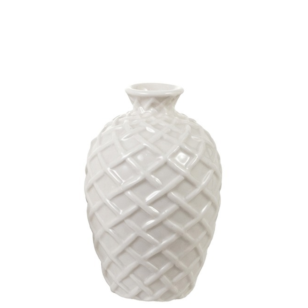 A glossy white ceramic vase featuring a textured lattice basket-weave pattern with a narrow neck.
