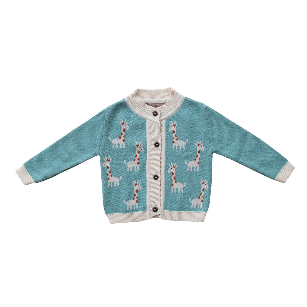 Teal cotton knit baby cardigan featuring a white giraffe pattern, cream trim, and wood buttons.
