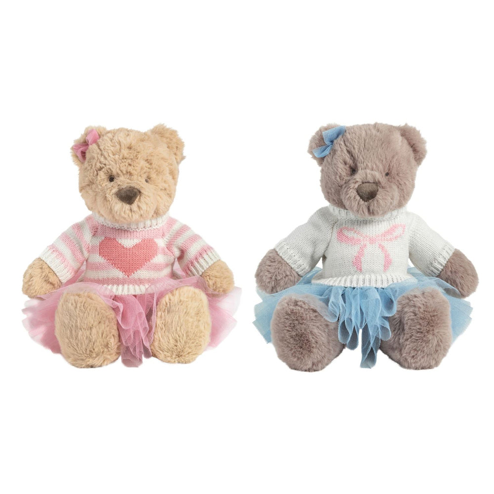 Two plush teddy bears in sweaters and tutus: one tan with pink stripes and heart, one grey with white sweater and blue tutu.