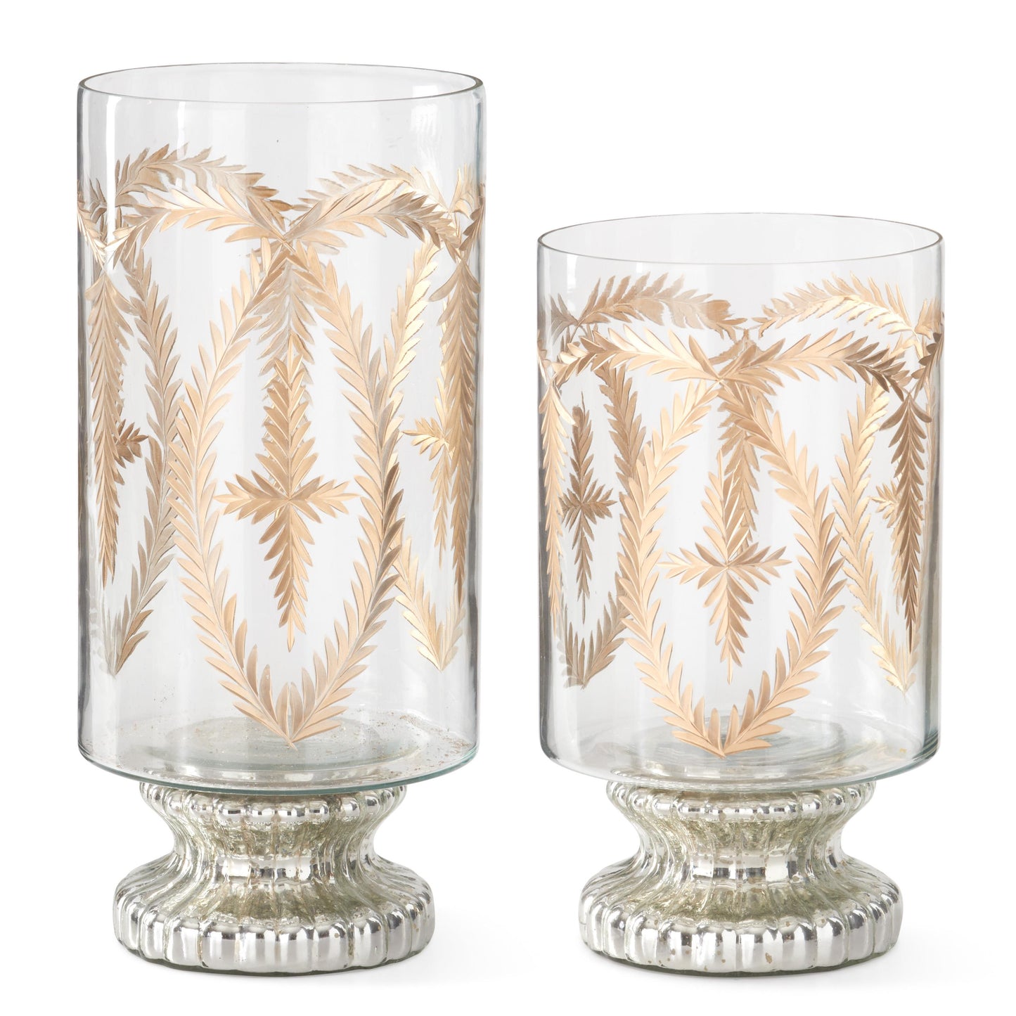 Two glass hurricane vases with gold etched wheat patterns and silver mercury glass pedestal bases on a white background.