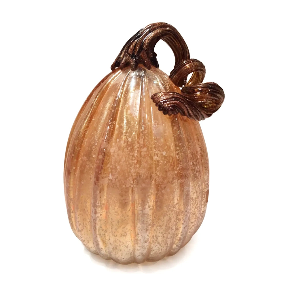 Front view of a speckled amber glass pumpkin with a curved brown stem.