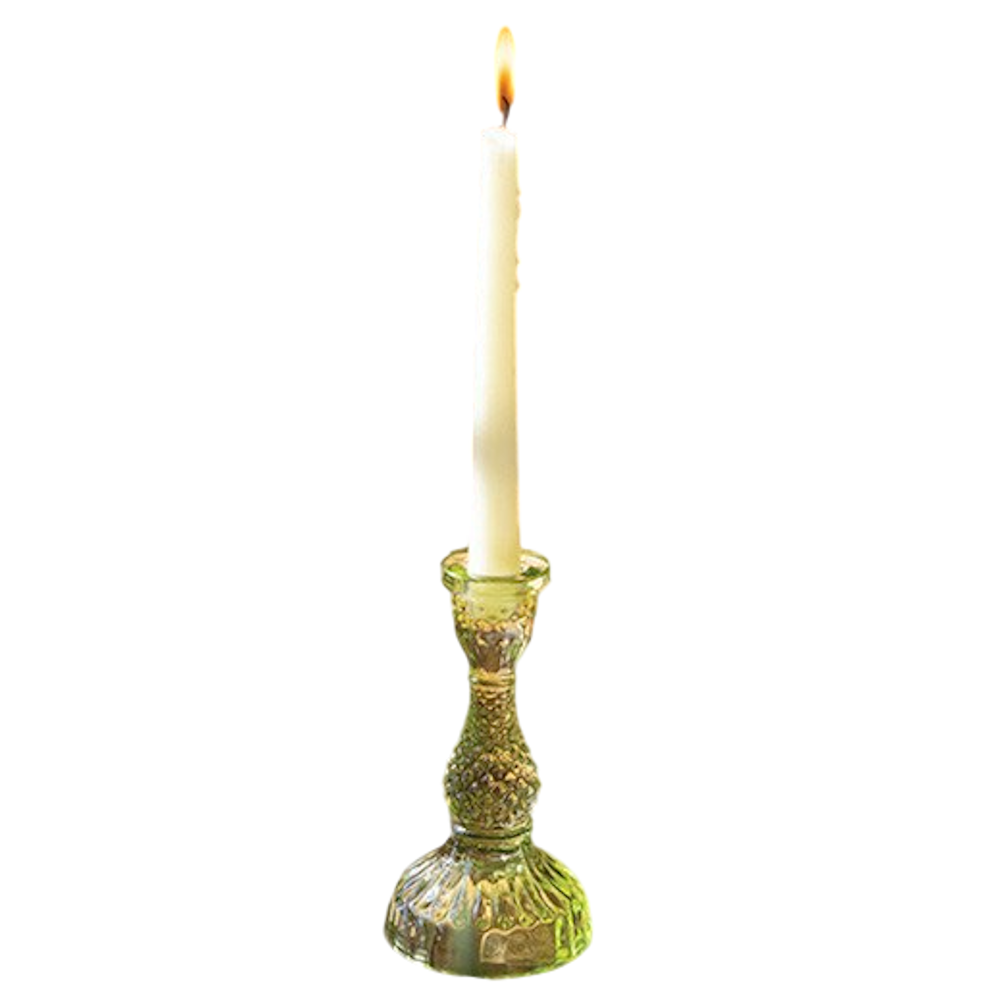 Green vintage-style textured glass taper candle holder with a lit white candle on a white background.