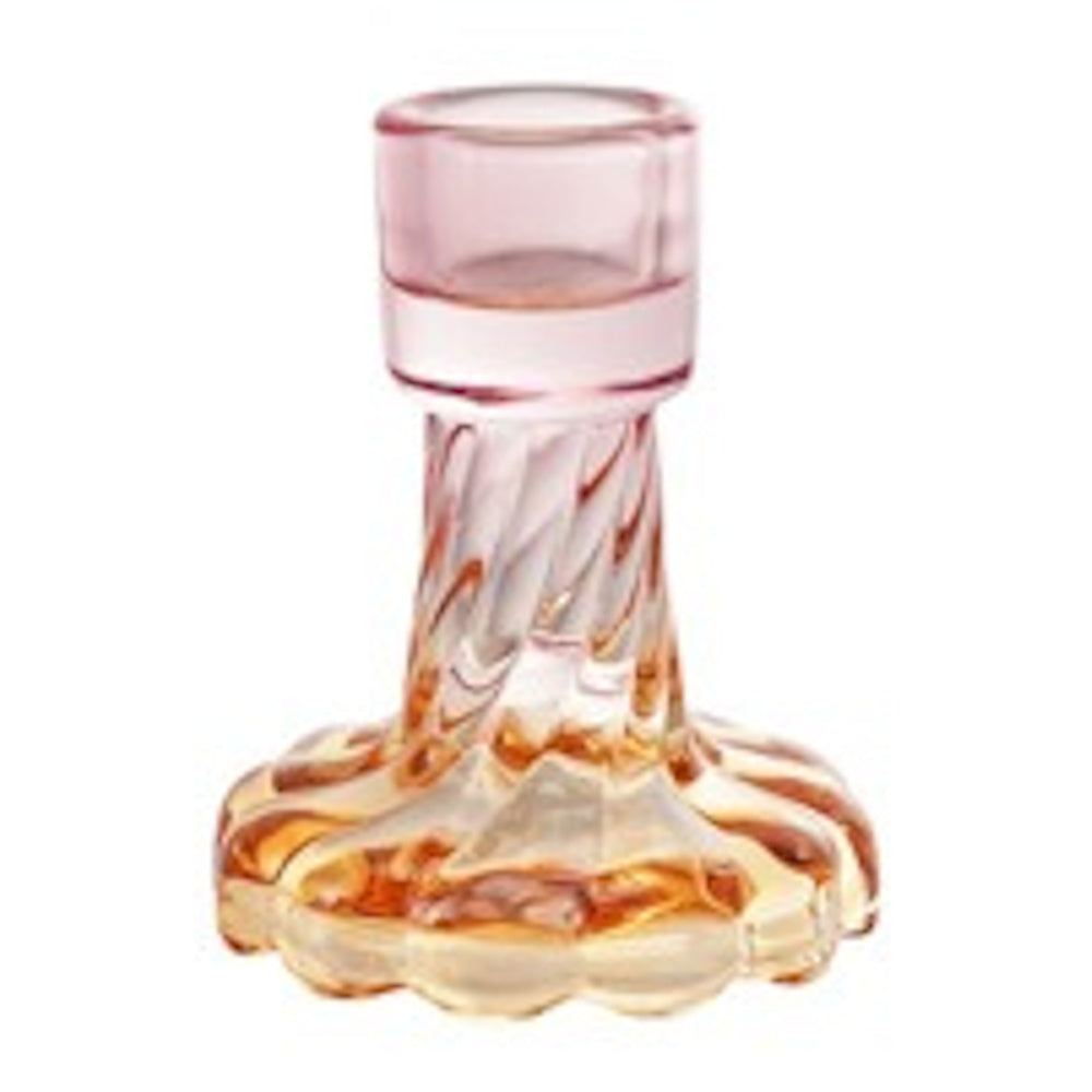 Pink and amber-tinted glass taper candle holder with a twisted stem and scalloped base on a white background.