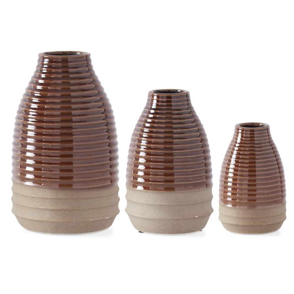 Large Glazed Brown Ribbed Vase with Tan Unglazed Bottom — alternate view 2