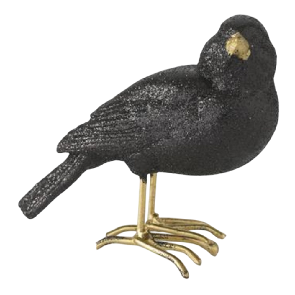 Glittery black resin bird figurine with gold beak and feet.