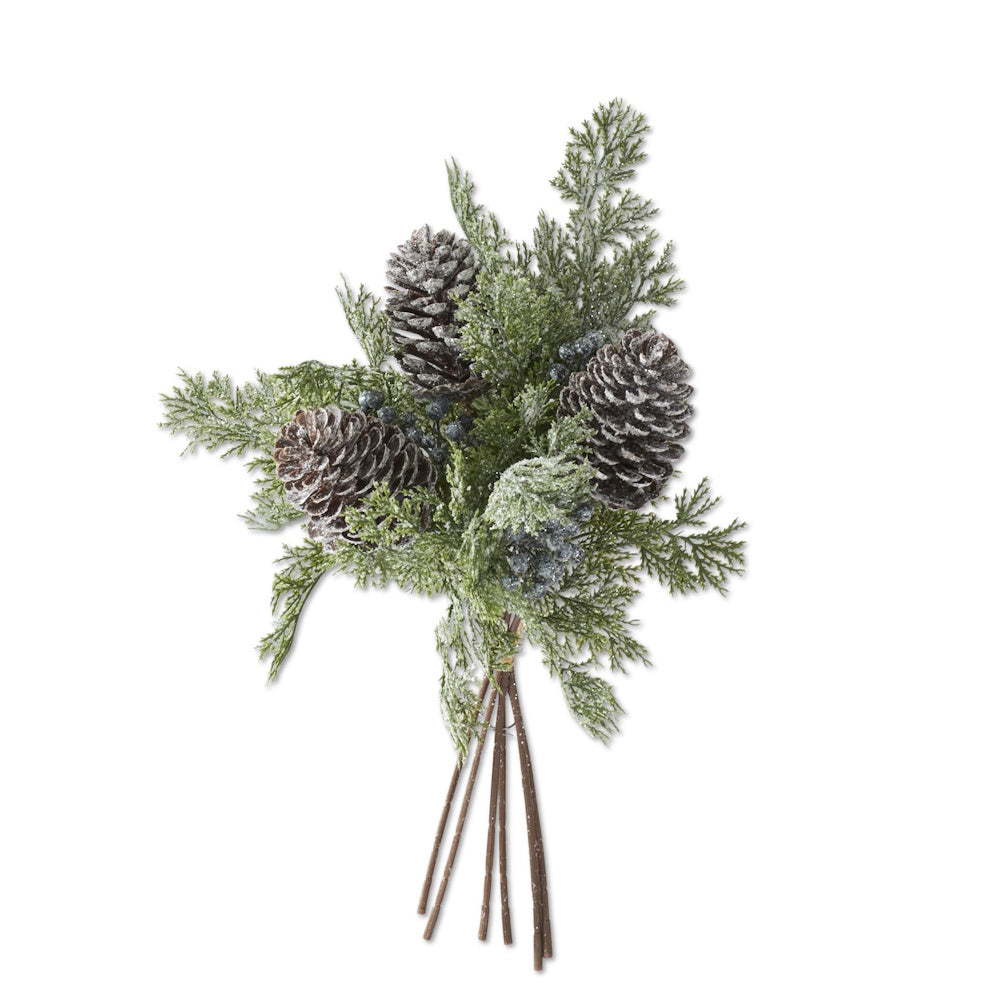 Glittered artificial pine and cedar bundle featuring frosted pinecones and small berries.