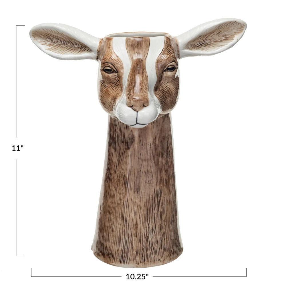 Hand-painted goat head stoneware vase, 11-inch tall decorative animal bust planter with ears and brown textured finish.