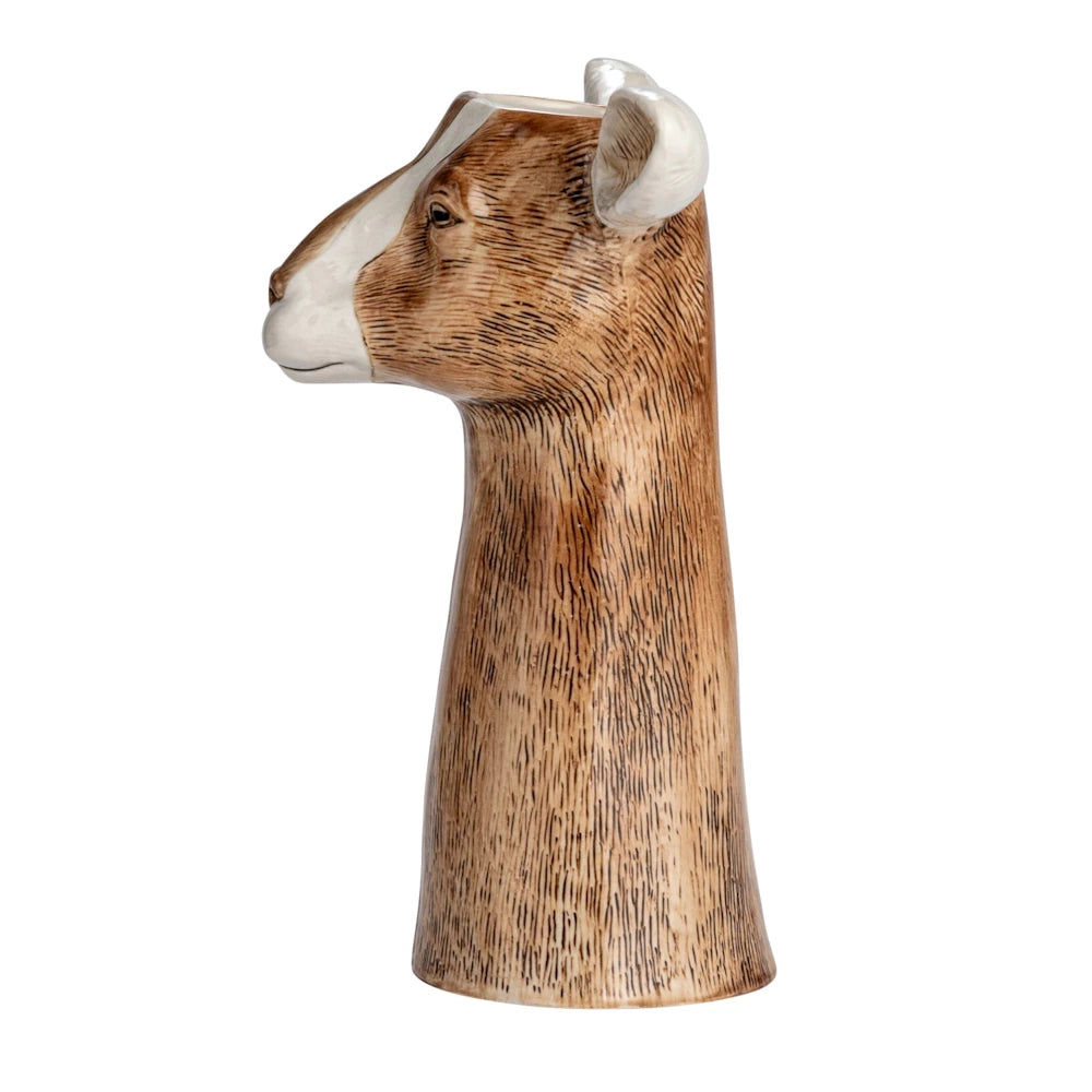 Hand-painted goat head stoneware vase in brown and white, side profile view, isolated on white background.