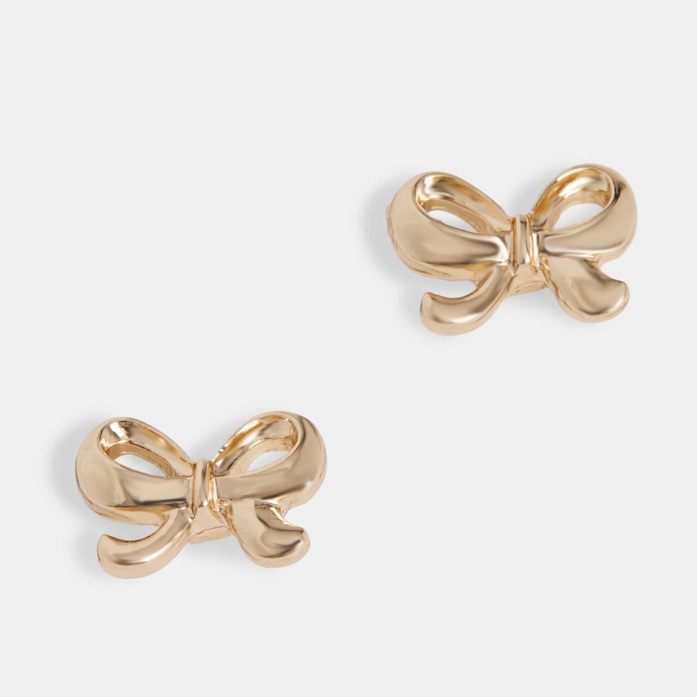 Minimalist shiny gold stud earrings designed in a classic, dainty ribbon bow shape.