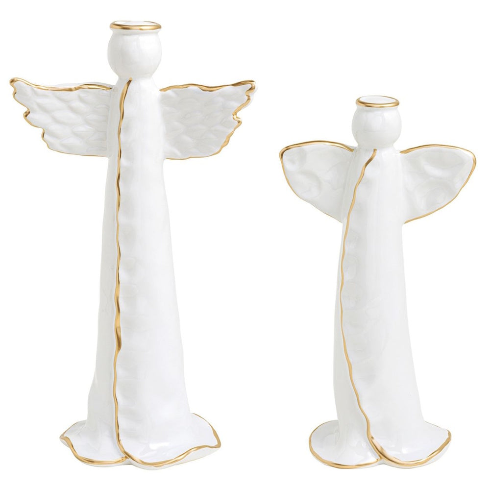 Two white ceramic angel figurines with gold trimmed wings, robes, and halos.