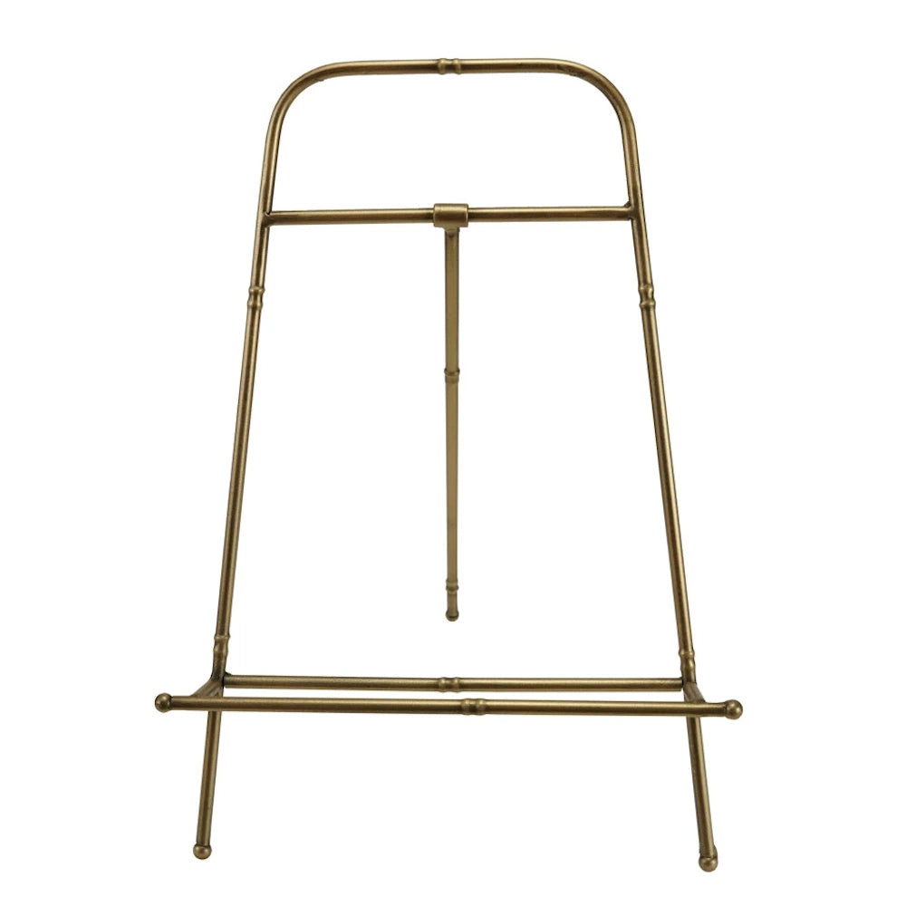 Antique gold-finish metal easel with a bamboo-style frame, ideal for displaying art, mirrors, or wedding signage.