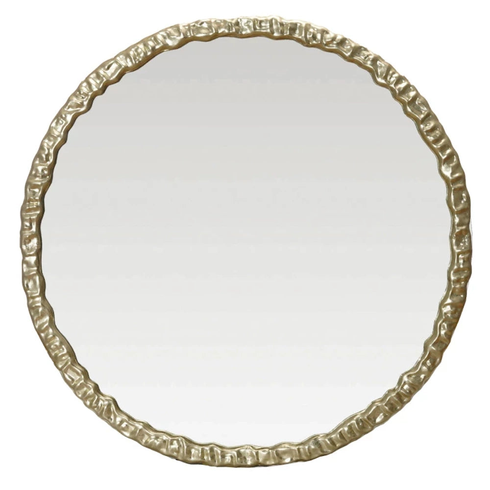 Round wall mirror with a textured gold-finish metal frame, featuring a hammered, organic design for modern home decor.