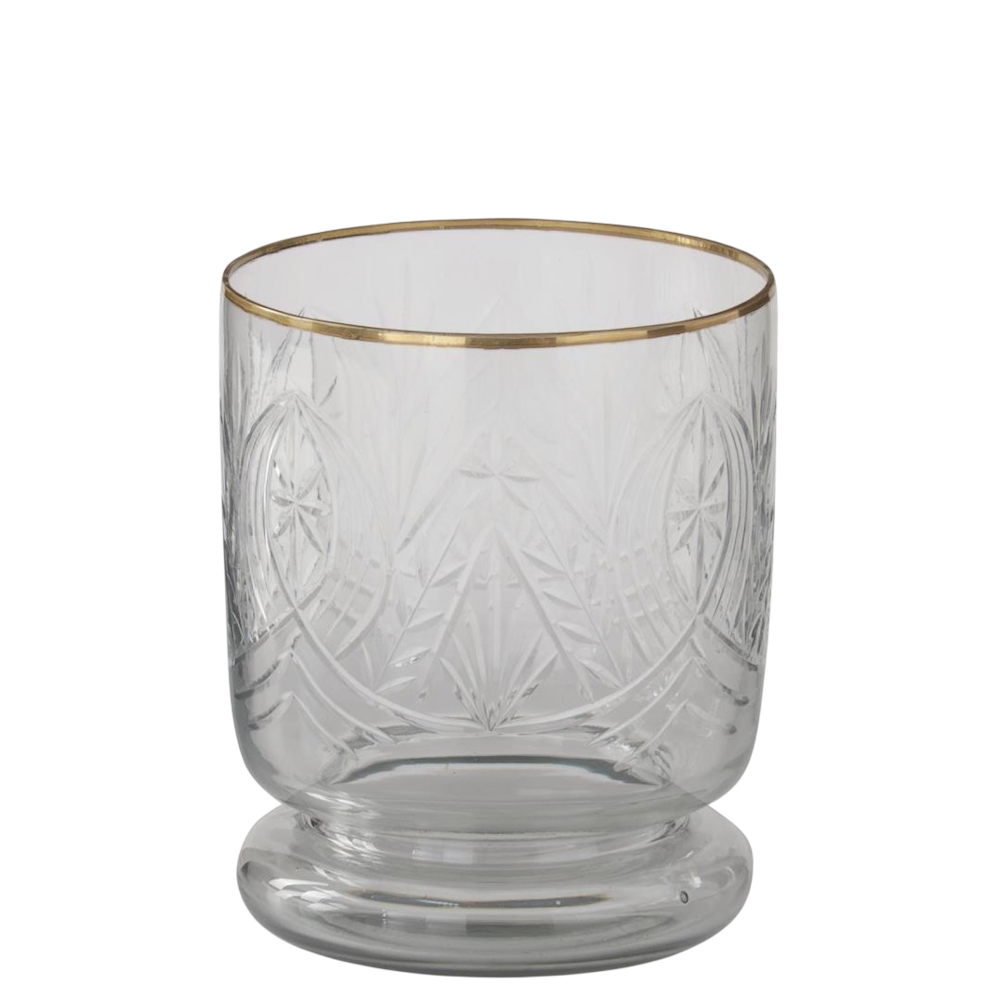 Small gold-gilded rim cut glass container with intricate diamond patterns and a thick rounded pedestal base.