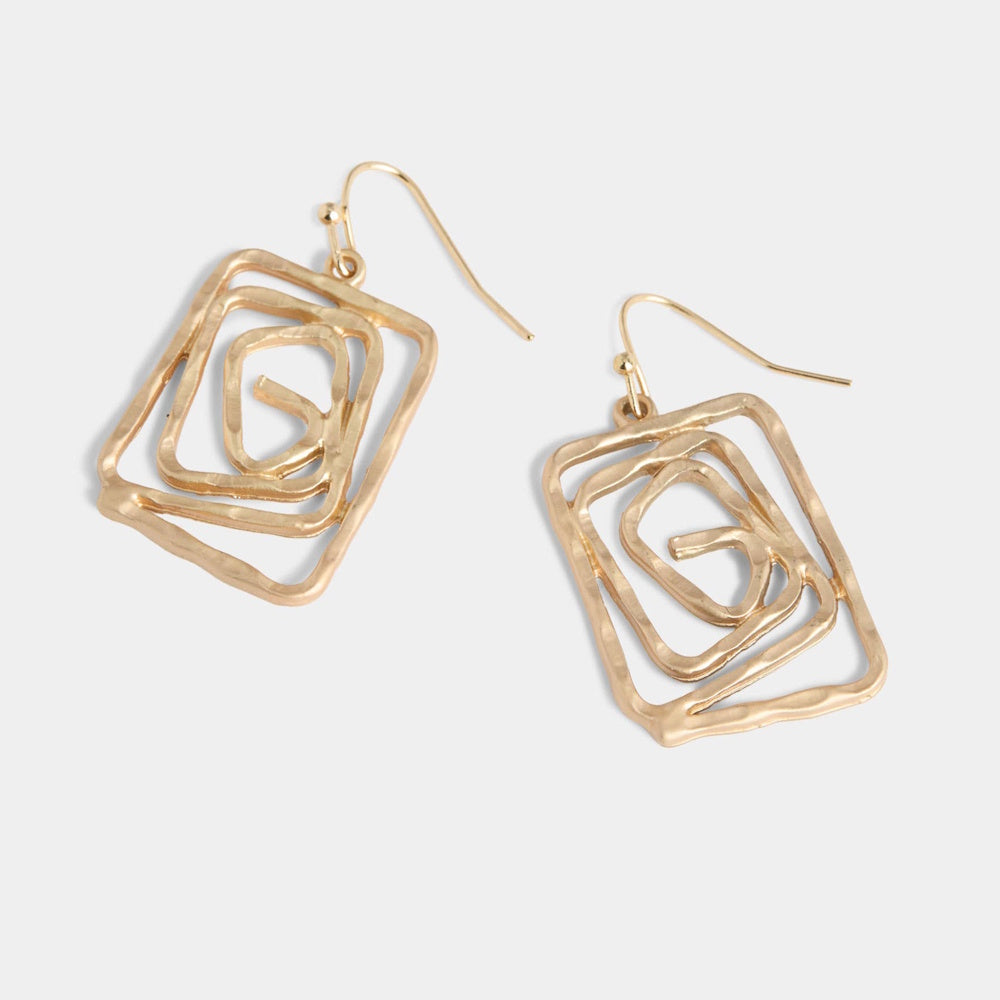 Pair of gold dangle earrings with textured, concentric rectangular spiral frames and fishhook backings.