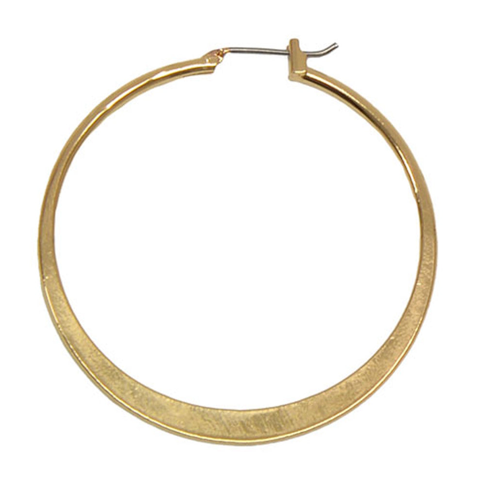 Large gold flat hoop earring with a polished finish and a classic latch closure against a white background.
