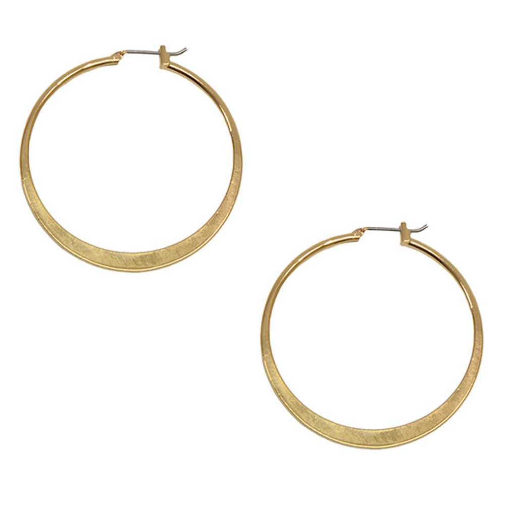 Pair of large, flat gold hoop earrings with a brushed metallic finish on a white background.