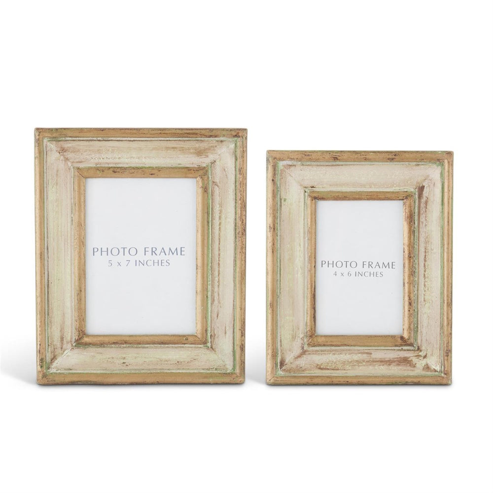 Gold and green patina handmade carved wood photo frames in 5x7 and 4x6 sizes.