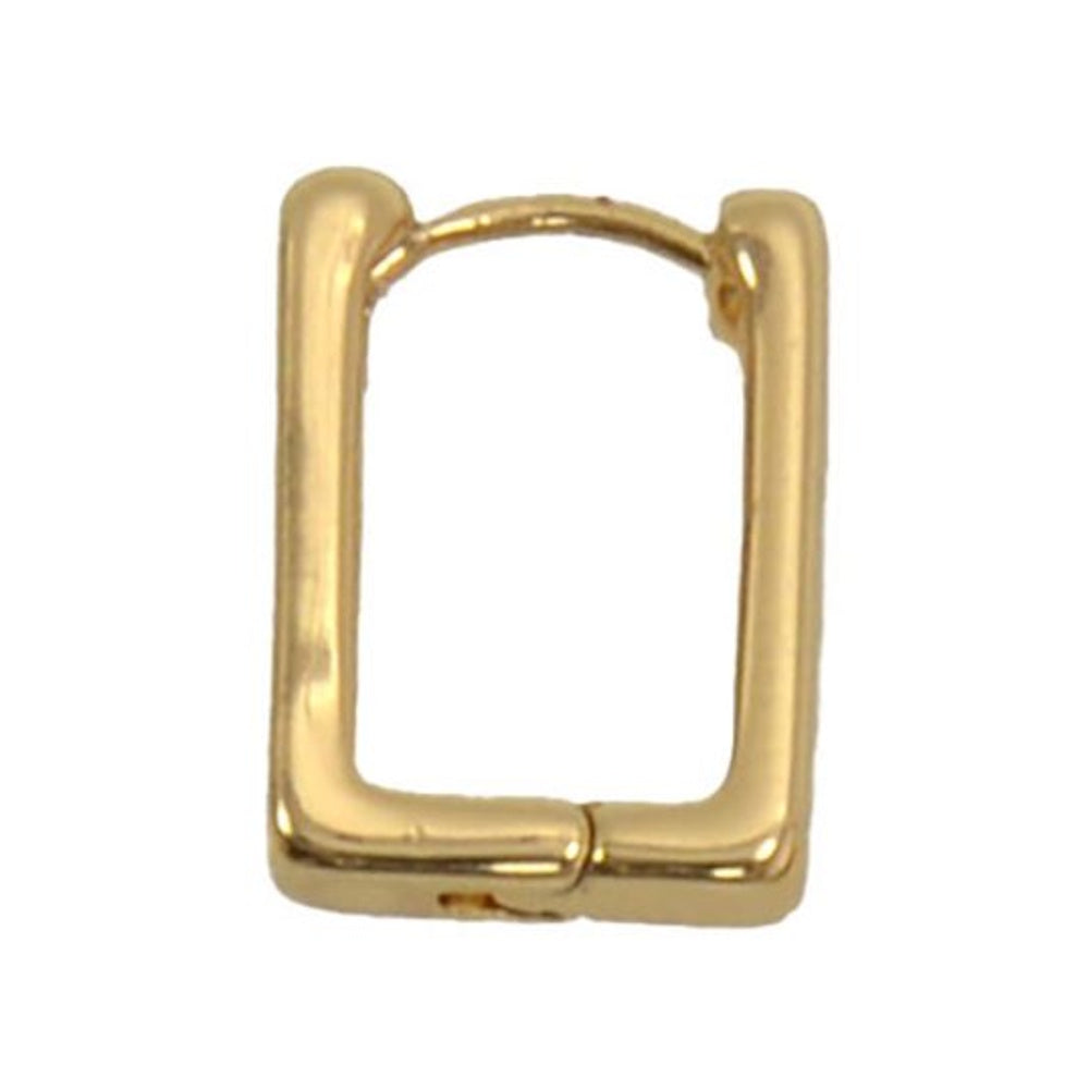 Gold rectangle huggie hinge hoop earring with a smooth, polished metallic finish on a white background.