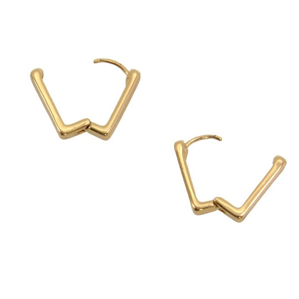Gold rectangle huggie hinge hoop earrings in a polished finish, shown in an open position against a white background.