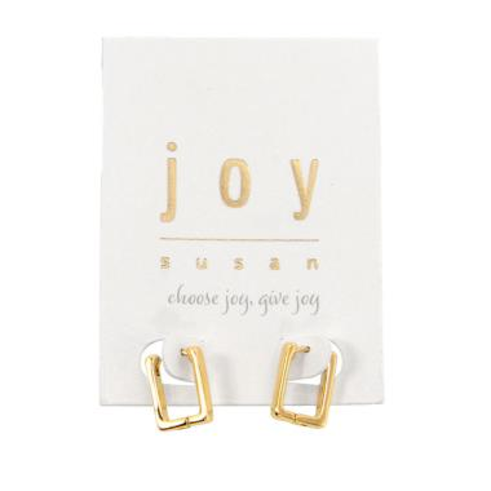 Gold rectangle huggie hinge hoop earrings displayed on white Joy Susan brand packaging.