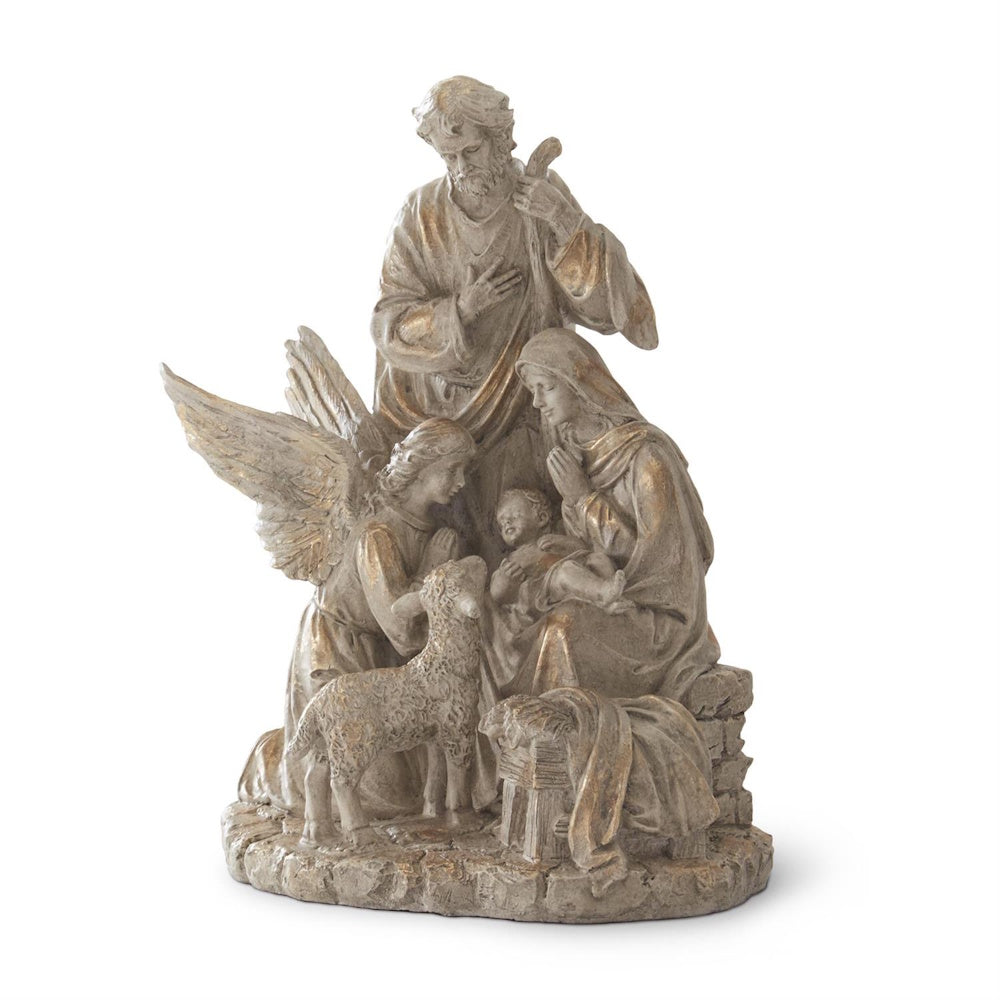 Gold resin nativity family figurine with an angel, baby Jesus, and a sheep.