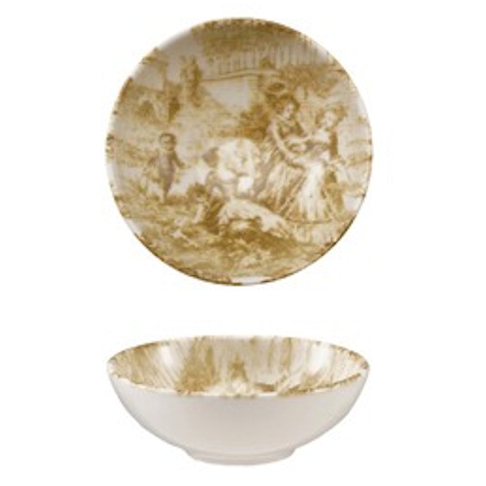 Top and side views of a white stoneware bowl with a gold toile pattern featuring a detailed pastoral scene.