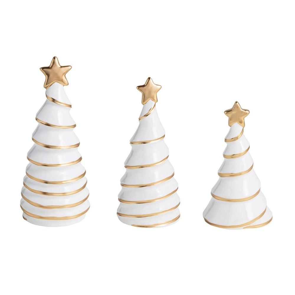 Three white ceramic Christmas tree figurines with gold spiral trim and gold stars.