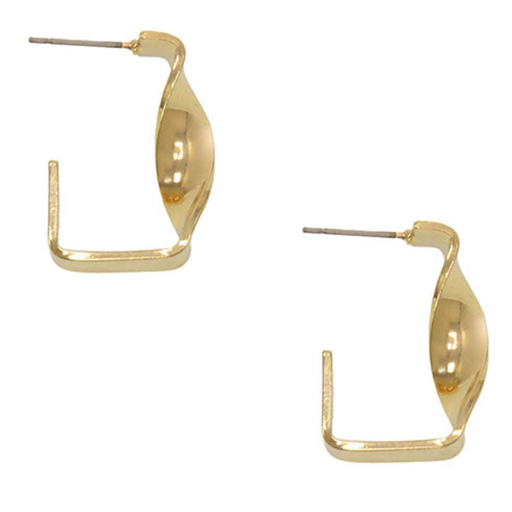 Pair of gold-toned twisted hoop post earrings with a modern, angular, open-hoop design against a white background.