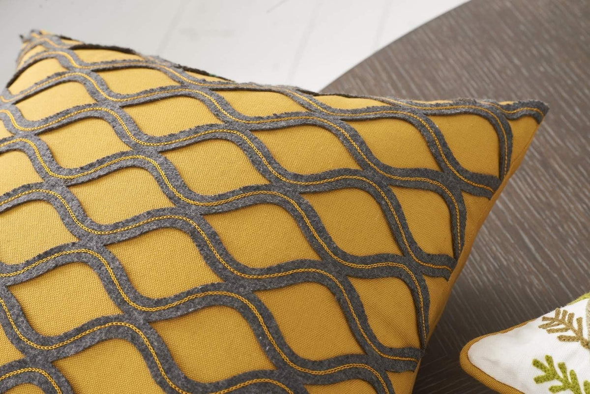 Golden Yellow Square Pillow with Gray Crisscross Pattern — alternate view 2