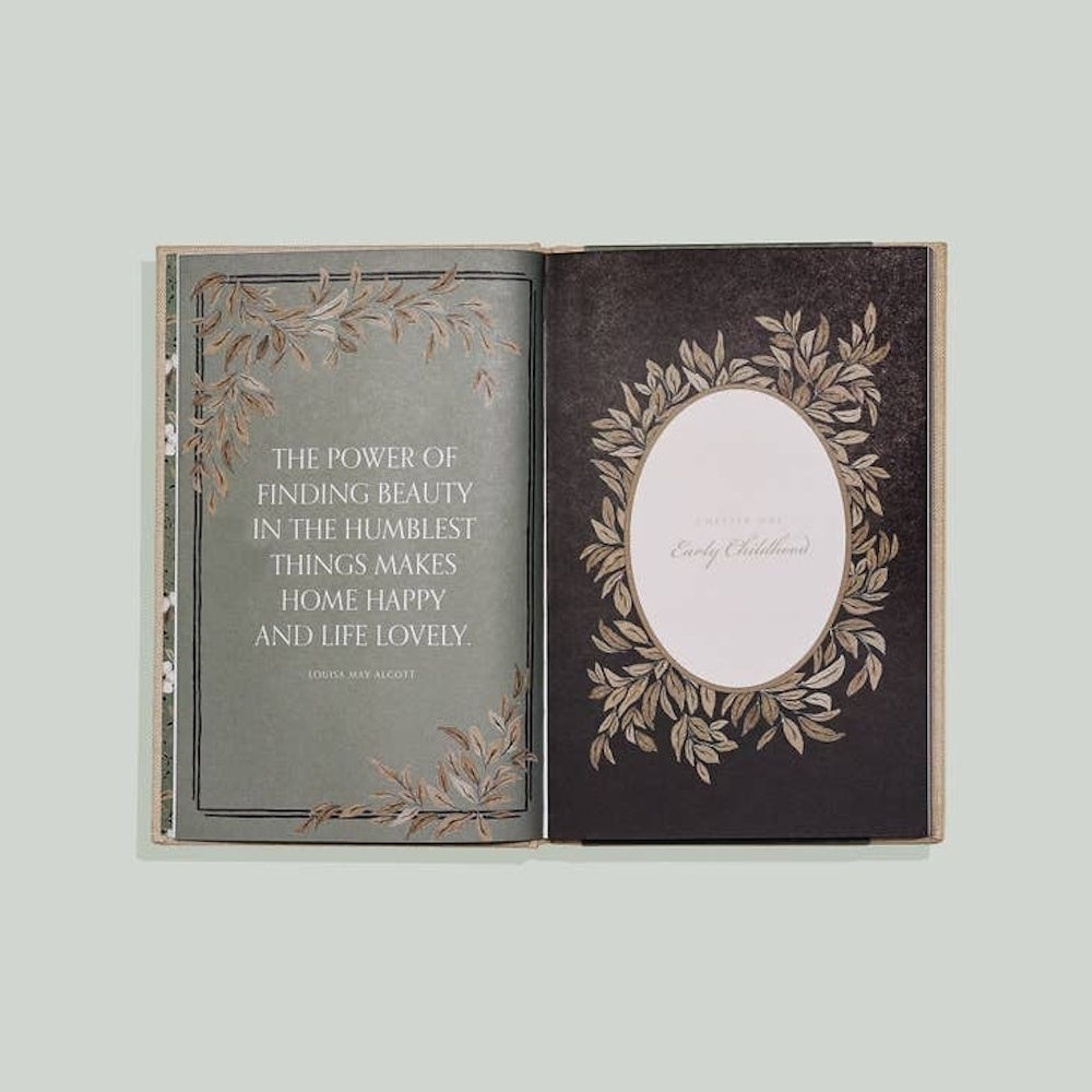 Open journal with a Louisa May Alcott quote and an "Early Childhood" chapter page framed by gold leaves.