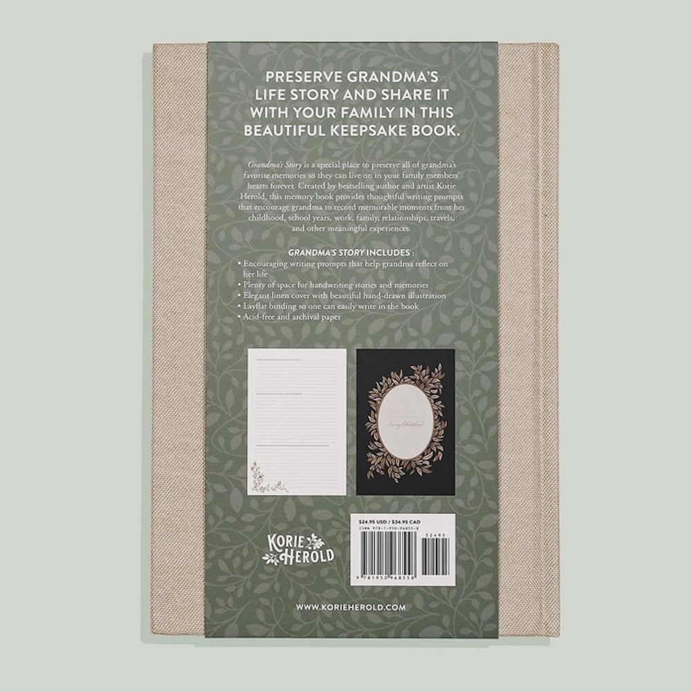 Back cover of Grandma's Story keepsake journal by Korie Herold featuring product details and floral green packaging.